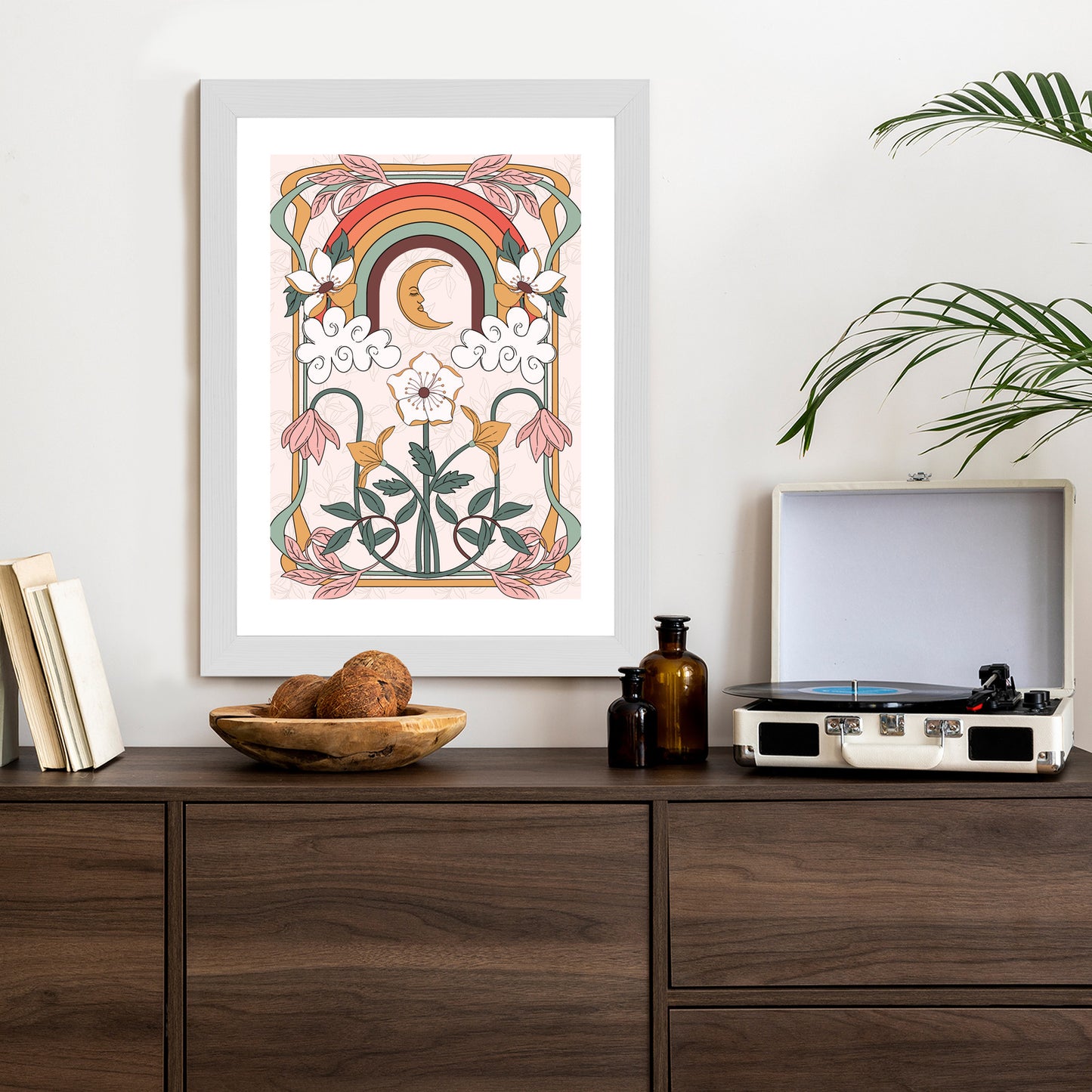 Poster Abstrakte Und Moderne Grafiken Mit Ornamenten Und Pflanzen Rahmen Holz Mit Passepartout Farbe Natürlich