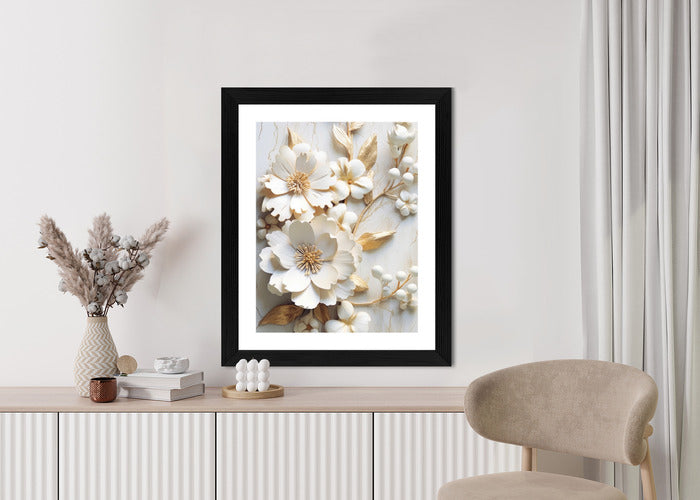 Poster Weiße Blumen Auf Einem Holztisch Rahmen Hölzern Farbe Natürlich