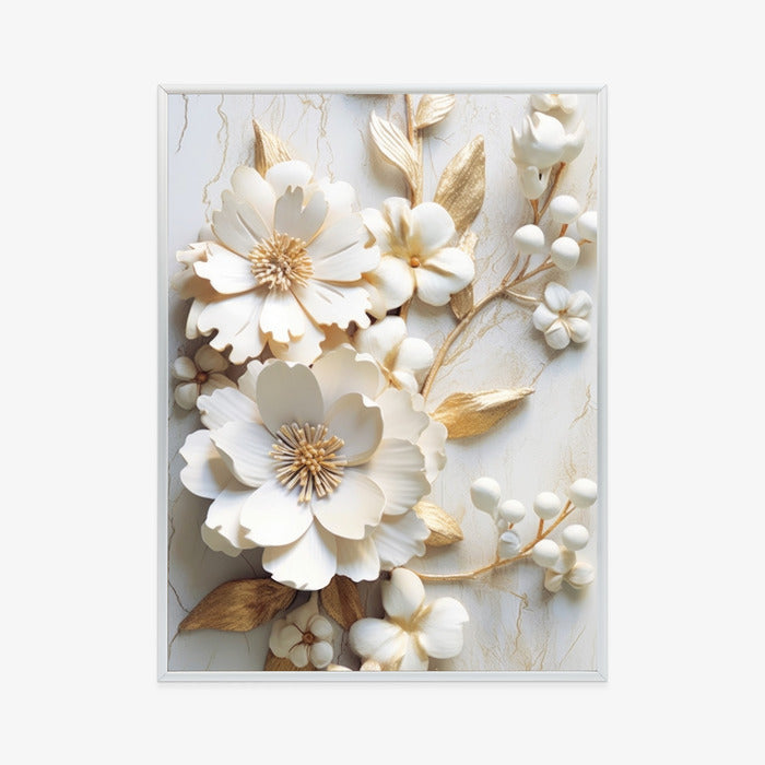 Poster Weiße Blumen Auf Einem Holztisch Rahmen Hölzern Farbe Natürlich