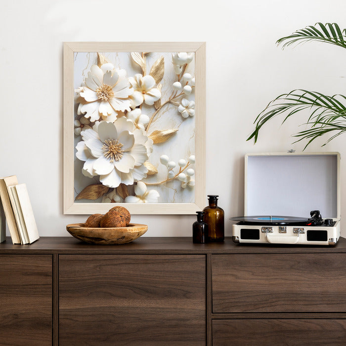 Poster Weiße Blumen Auf Einem Holztisch Rahmen Hölzern Farbe Natürlich