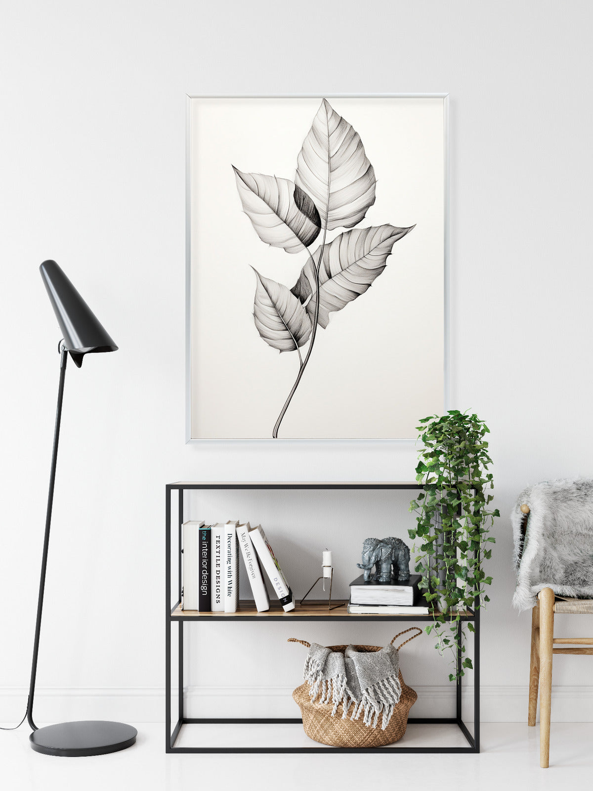 Poster Schwarze Und Weiße Blätter Rahmen Holz Mit Passepartout Farbe Natürlich