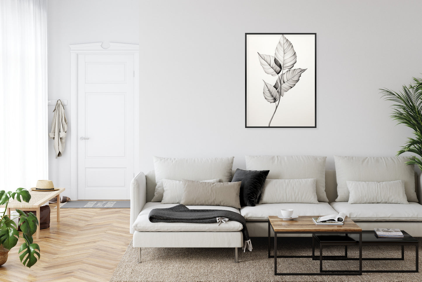 Poster Schwarze Und Weiße Blätter Rahmen Holz Mit Passepartout Farbe Natürlich