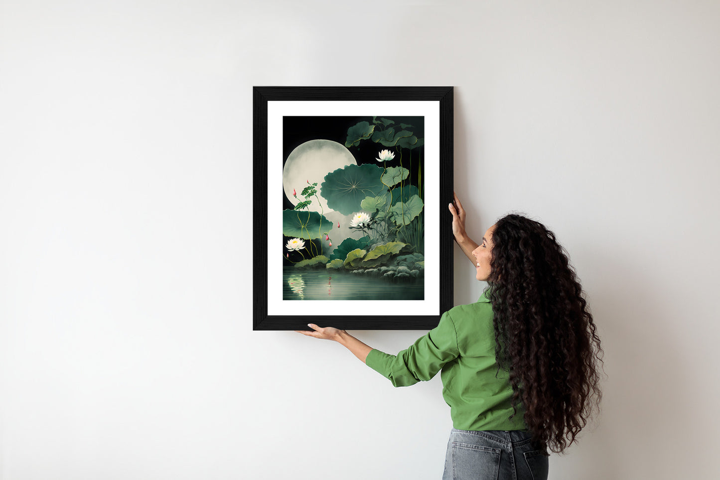 Poster Japanische Lotusblüten Und -Blätter Rahmen Holz Mit Passepartout Farbe Natürlich
