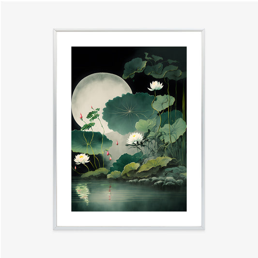 Poster Japanische Lotusblüten Und -Blätter Rahmen Holz Mit Passepartout Farbe Natürlich