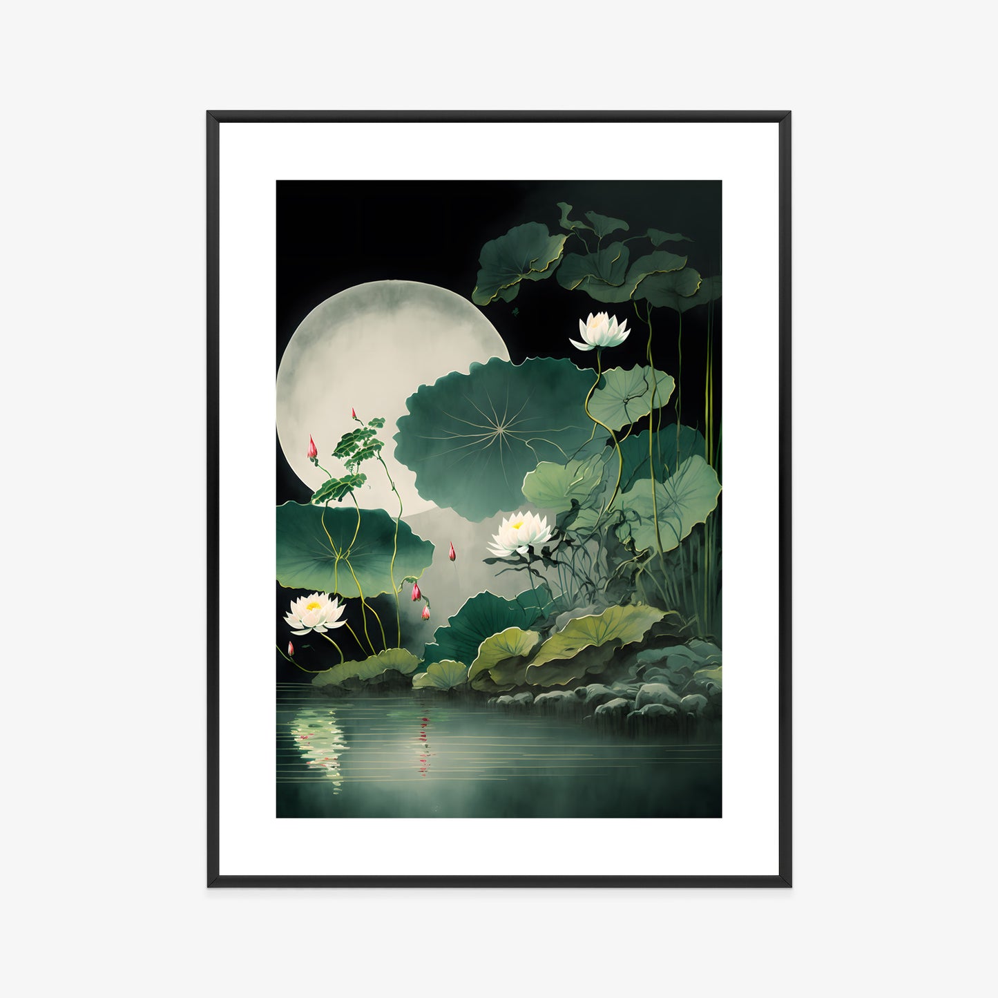 Poster Japanische Lotusblüten Und -Blätter Rahmen Holz Mit Passepartout Farbe Natürlich