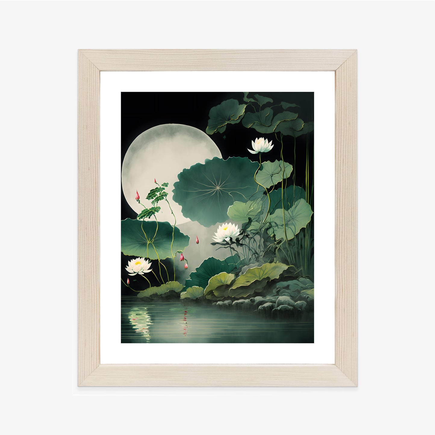 Poster Japanische Lotusblüten Und -Blätter Rahmen Holz Mit Passepartout Farbe Natürlich