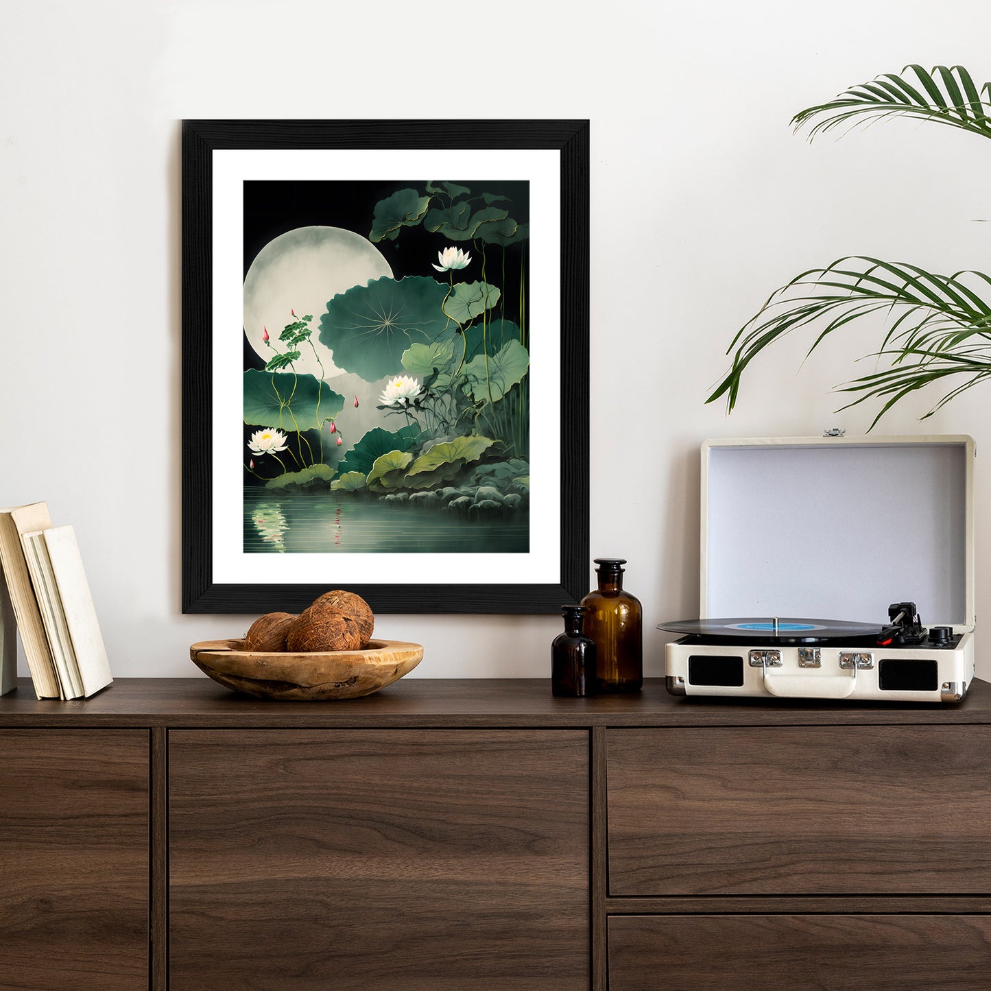 Poster Japanische Lotusblüten Und -Blätter Rahmen Holz Mit Passepartout Farbe Natürlich