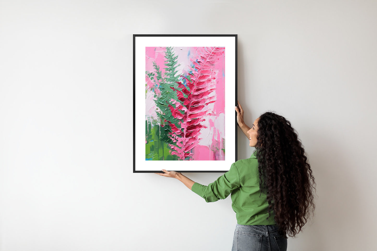 Poster Rosa Farnblätter Rahmen Holz Mit Passepartout Farbe Natürlich