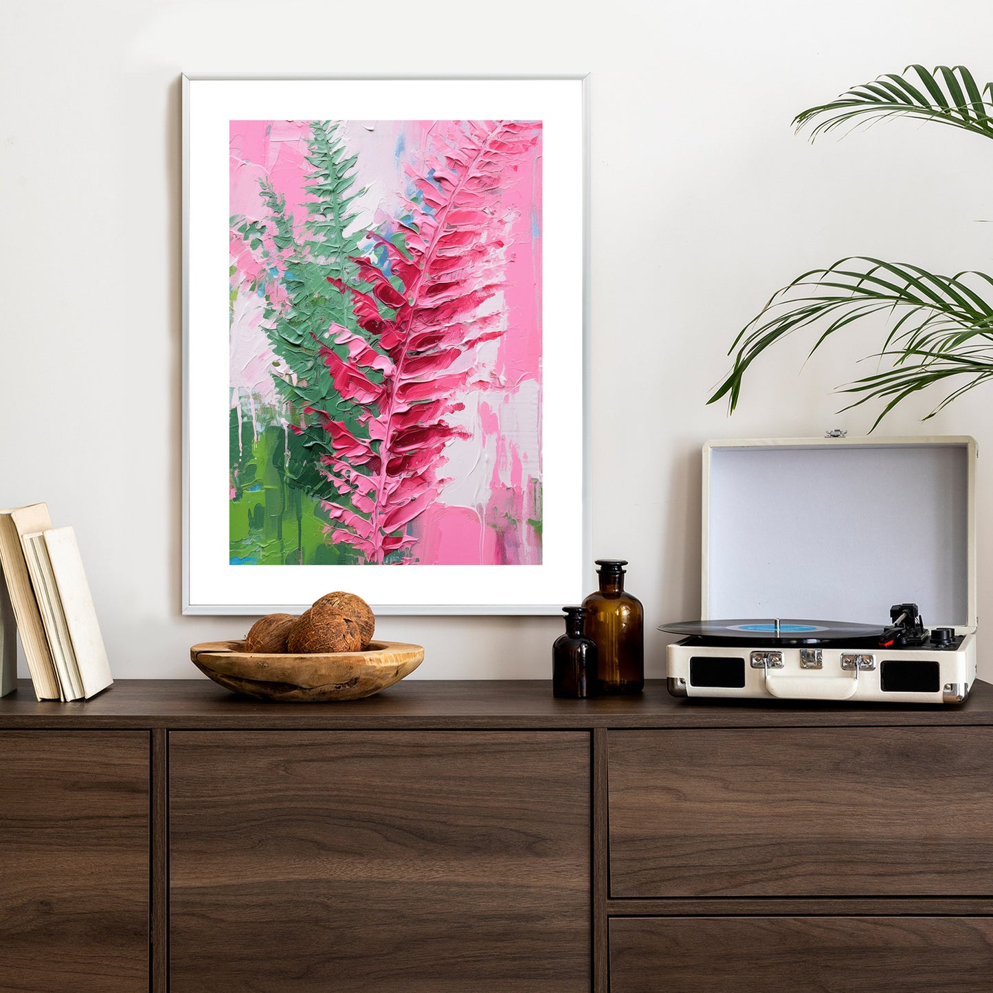 Poster Rosa Farnblätter Rahmen Holz Mit Passepartout Farbe Natürlich