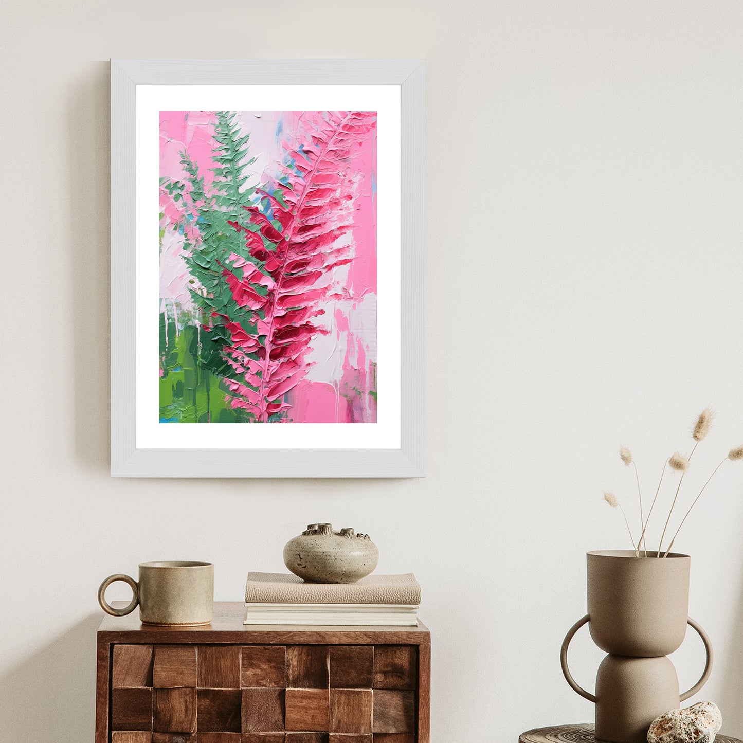 Poster Rosa Farnblätter Rahmen Holz Mit Passepartout Farbe Natürlich