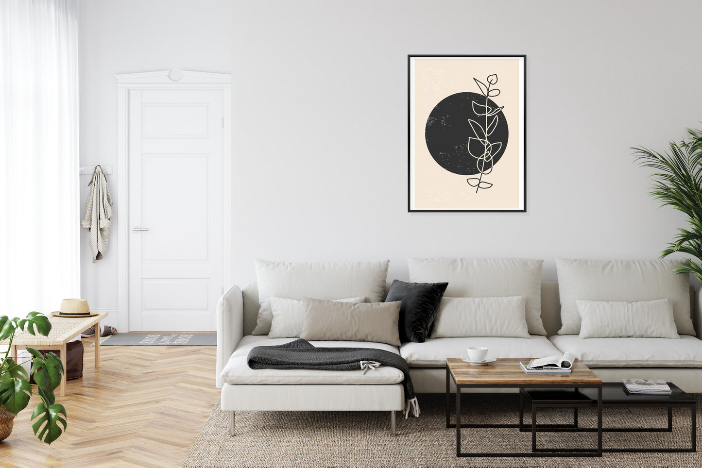 Poster Minimalistischer Zweig Und Kreis Rahmen Holz Mit Passepartout Farbe Natürlich