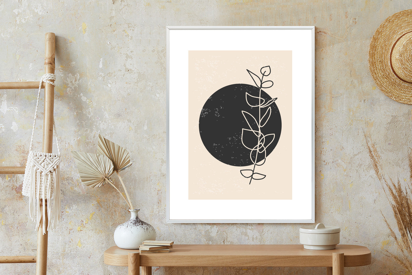 Poster Minimalistischer Zweig Und Kreis Rahmen Holz Mit Passepartout Farbe Natürlich