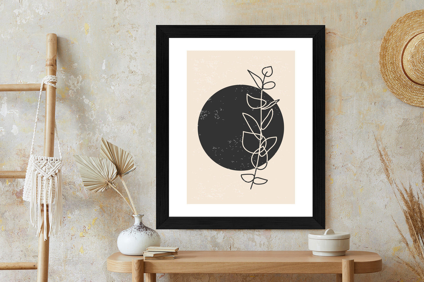 Poster Minimalistischer Zweig Und Kreis Rahmen Holz Mit Passepartout Farbe Natürlich