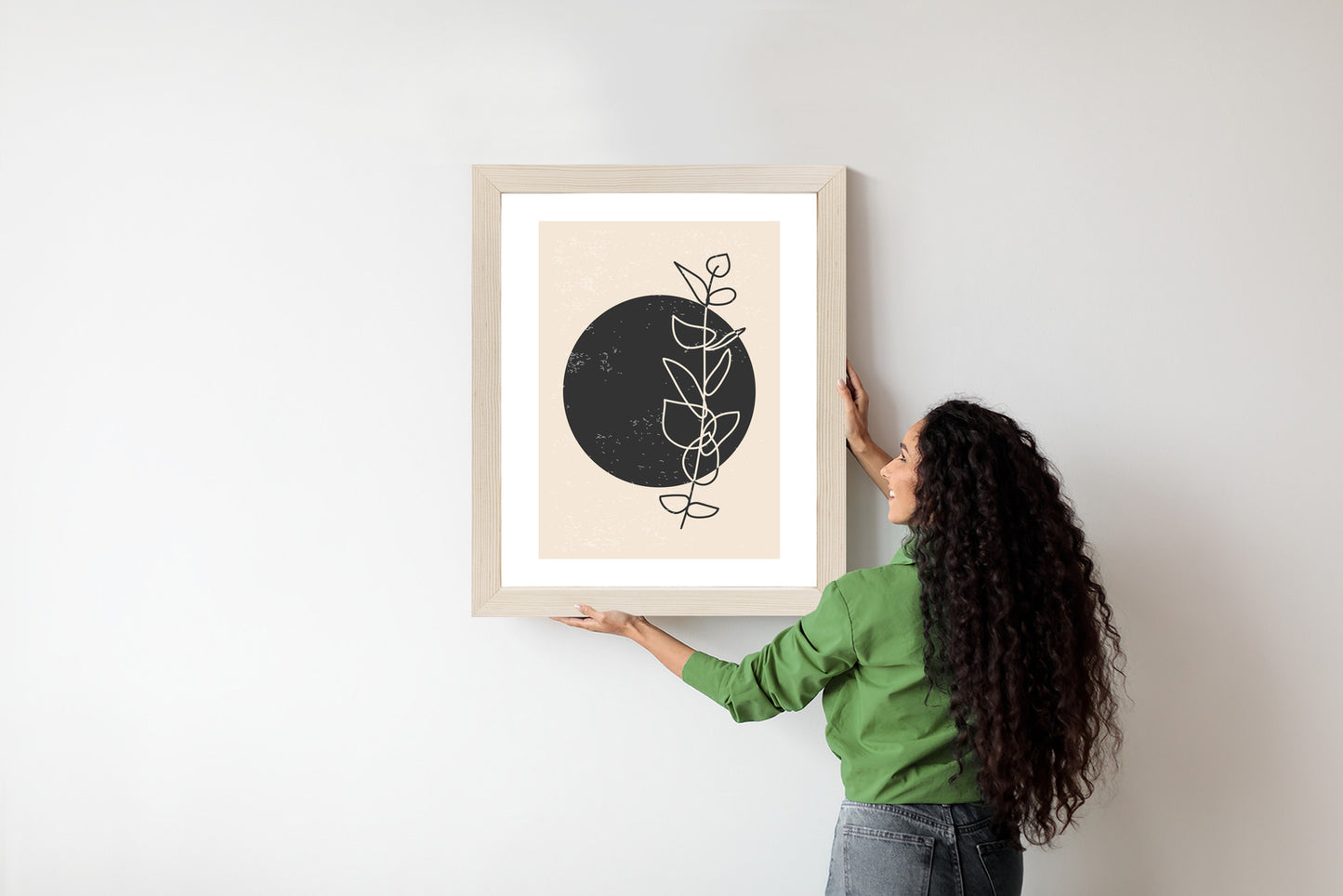 Poster Minimalistischer Zweig Und Kreis Rahmen Holz Mit Passepartout Farbe Natürlich