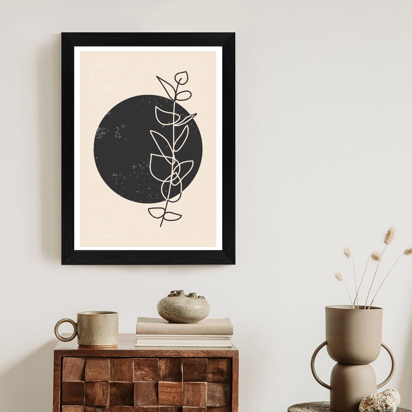 Poster Minimalistischer Zweig Und Kreis Rahmen Holz Mit Passepartout Farbe Natürlich