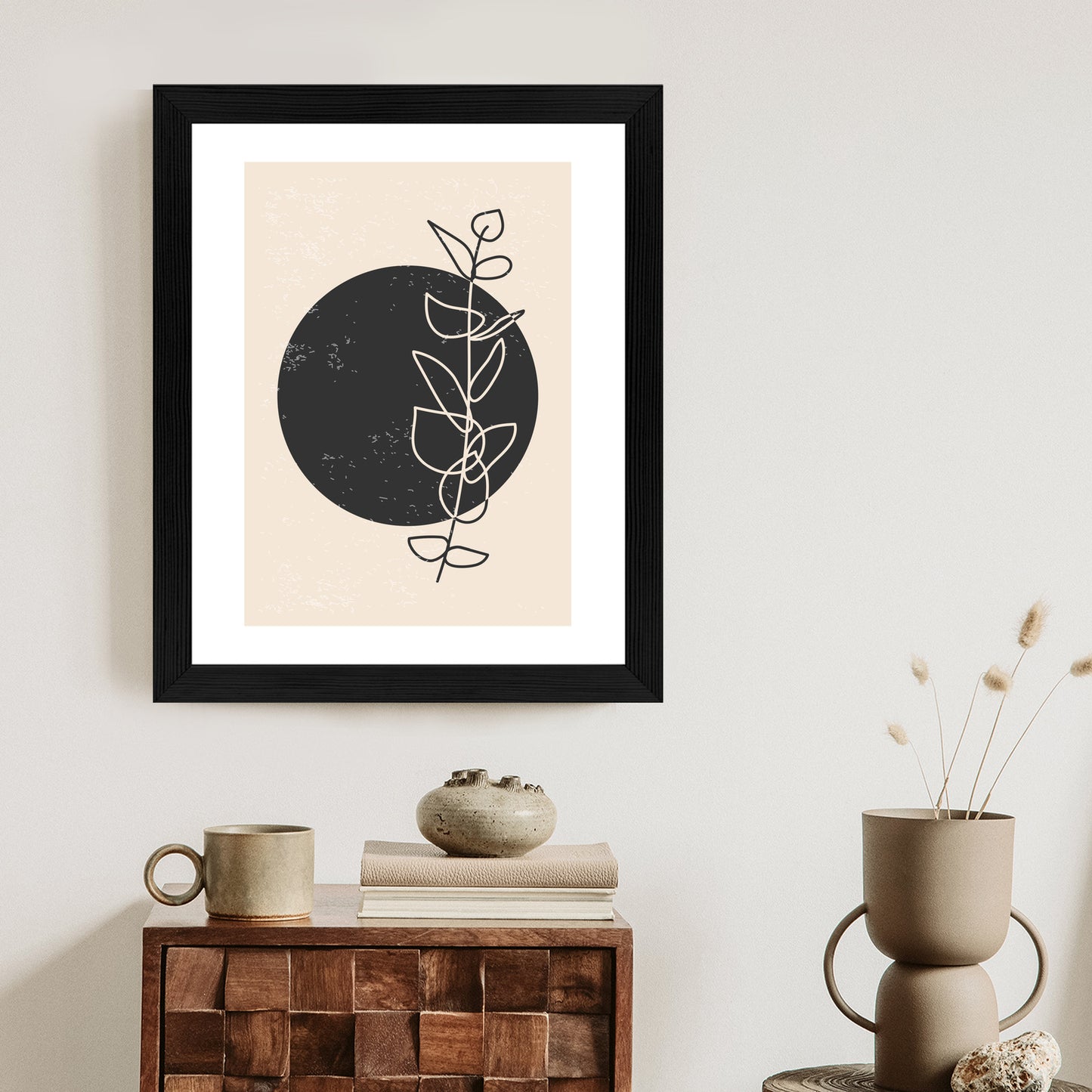 Poster Minimalistischer Zweig Und Kreis Rahmen Holz Mit Passepartout Farbe Natürlich