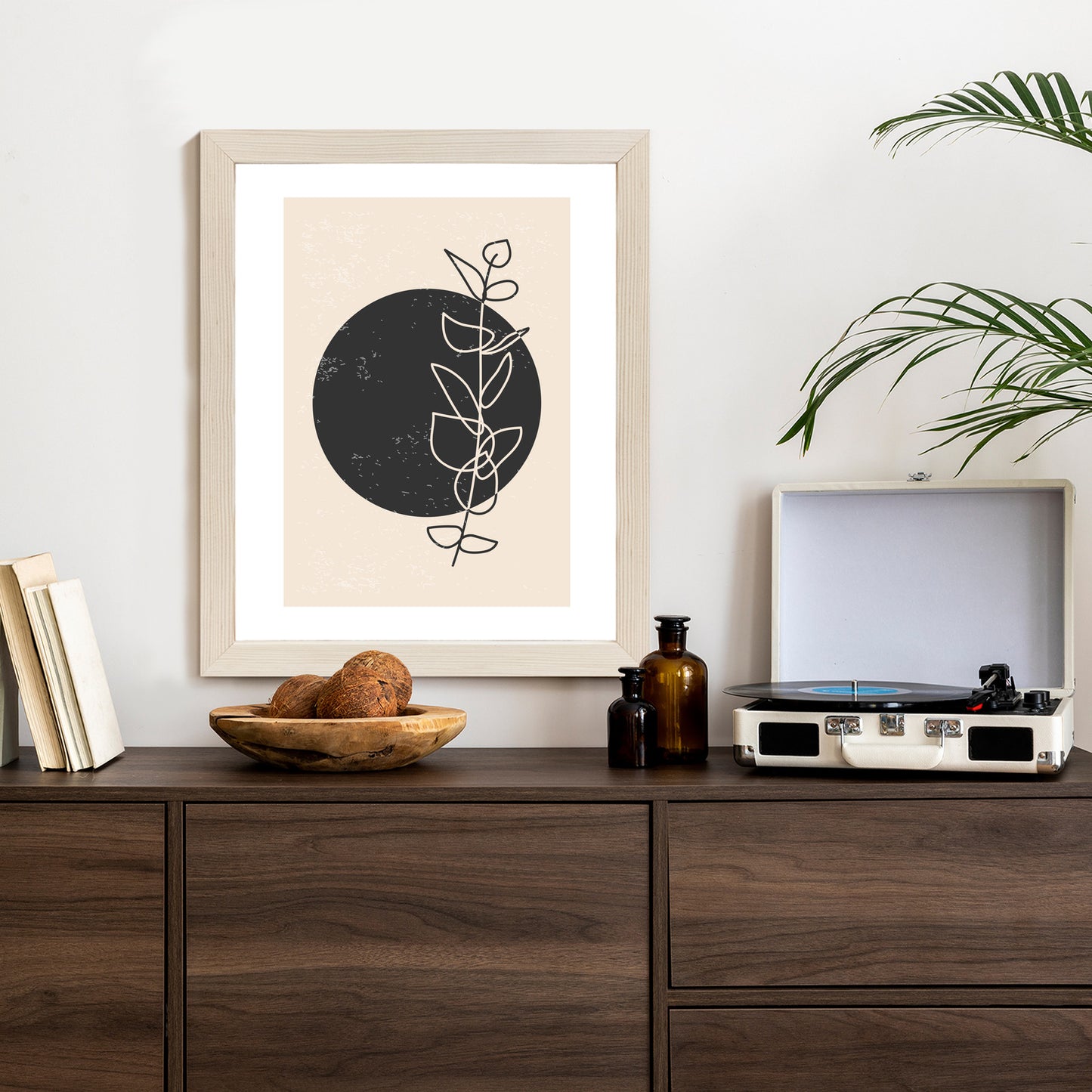 Poster Minimalistischer Zweig Und Kreis Rahmen Holz Mit Passepartout Farbe Natürlich