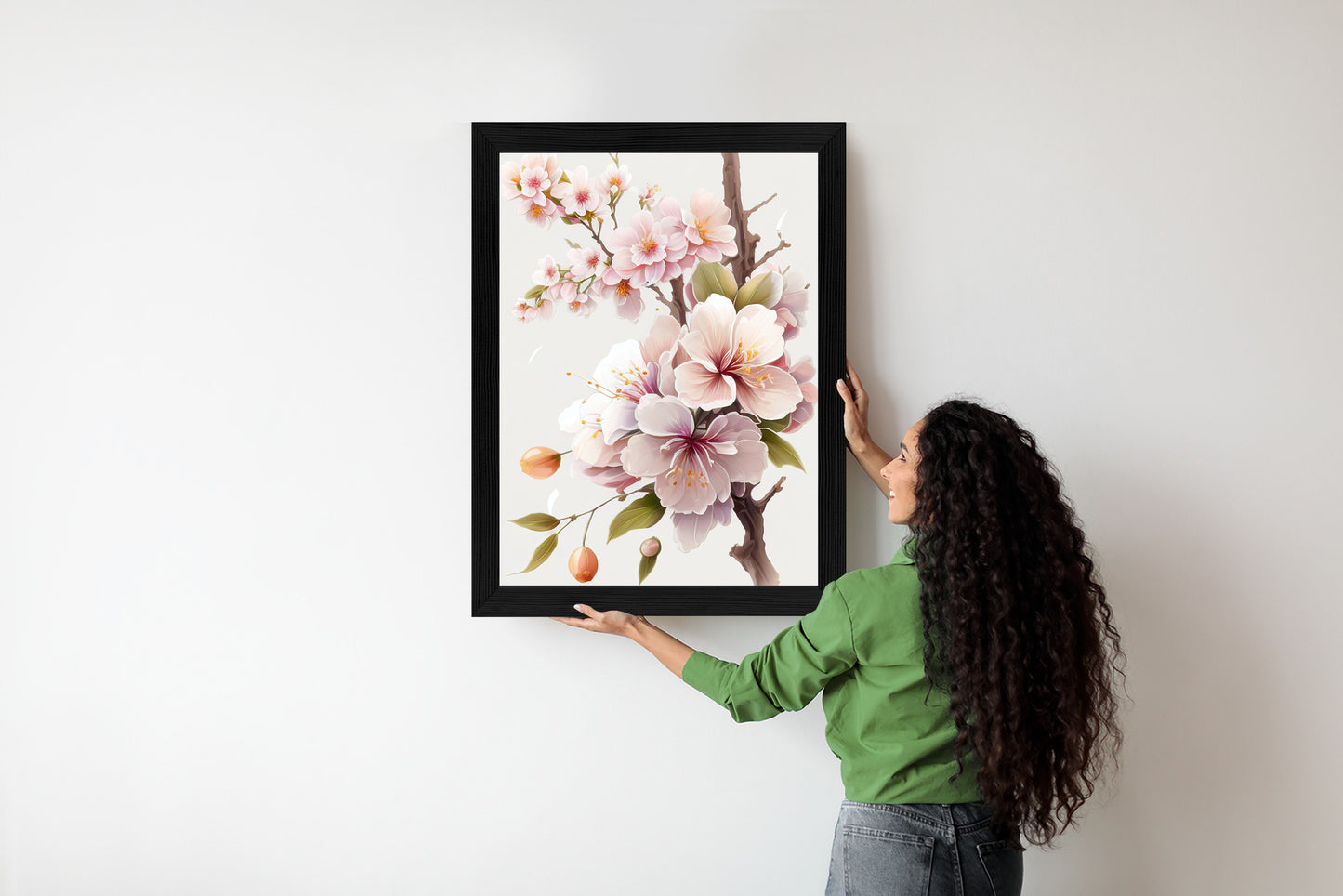 Poster Japanische Weiße Und Rosa Kirschblüten Rahmen Holz Mit Passepartout Farbe Natürlich