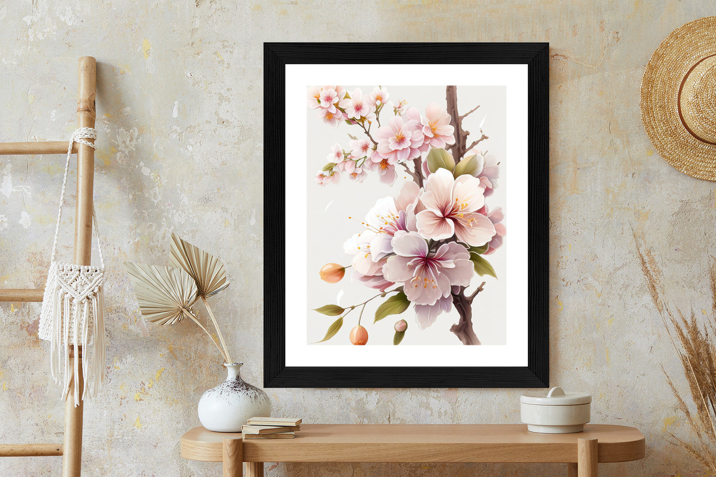Poster Japanische Weiße Und Rosa Kirschblüten Rahmen Holz Mit Passepartout Farbe Natürlich