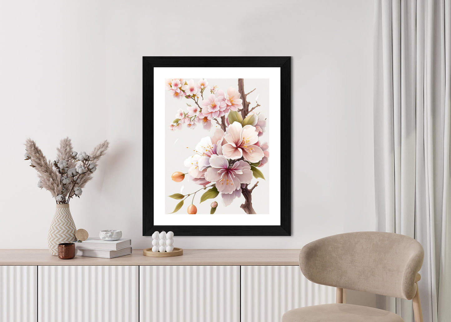 Poster Japanische Weiße Und Rosa Kirschblüten Rahmen Holz Mit Passepartout Farbe Natürlich