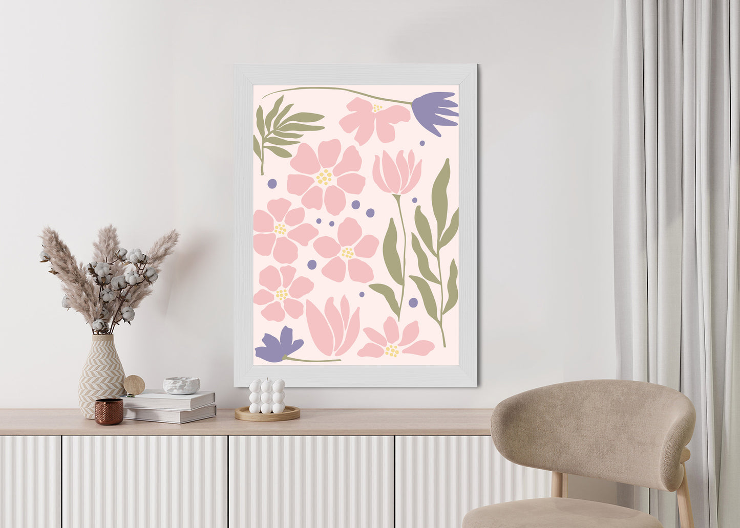 Poster Botanische Grafiken Mit Pastellblumen Rahmen Holz Mit Passepartout Farbe Natürlich