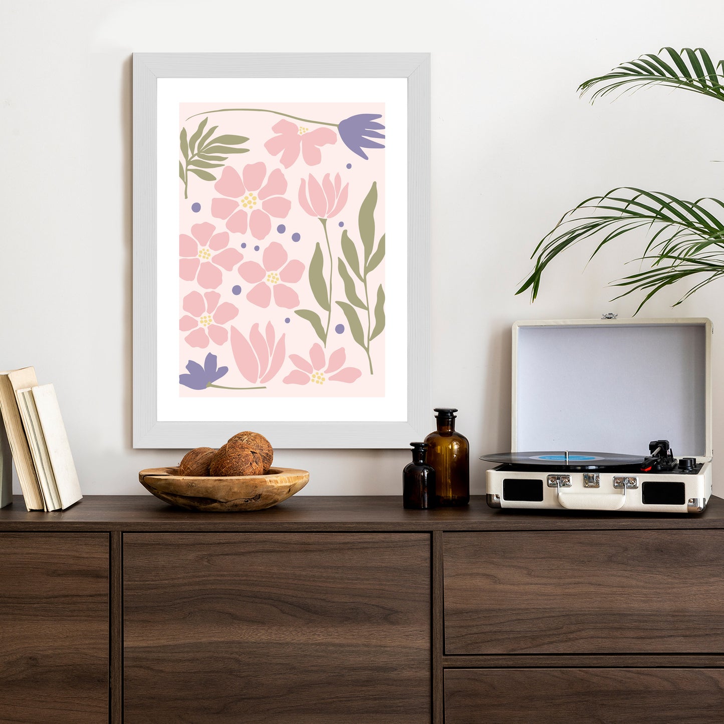 Poster Botanische Grafiken Mit Pastellblumen Rahmen Holz Mit Passepartout Farbe Natürlich