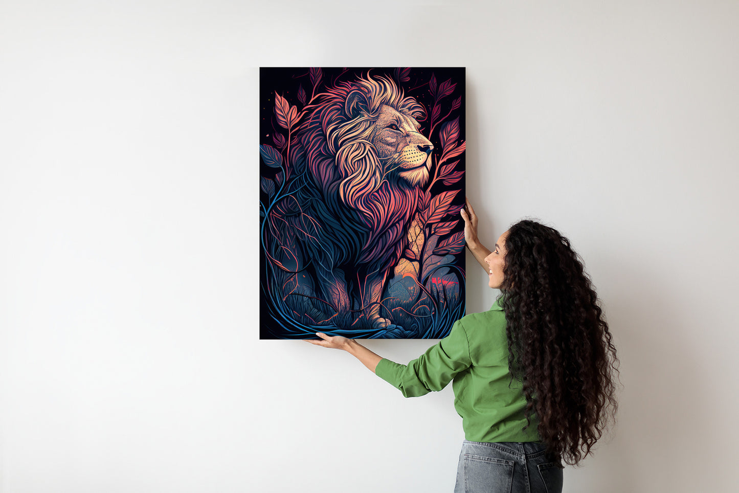 Poster Majestätischer Löwe In Illustration Rahmen Holz Mit Passepartout Farbe Natürlich