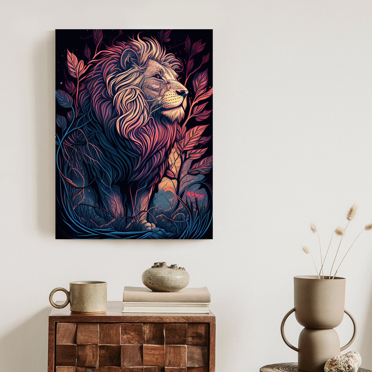 Poster Majestätischer Löwe In Illustration Rahmen Holz Mit Passepartout Farbe Natürlich