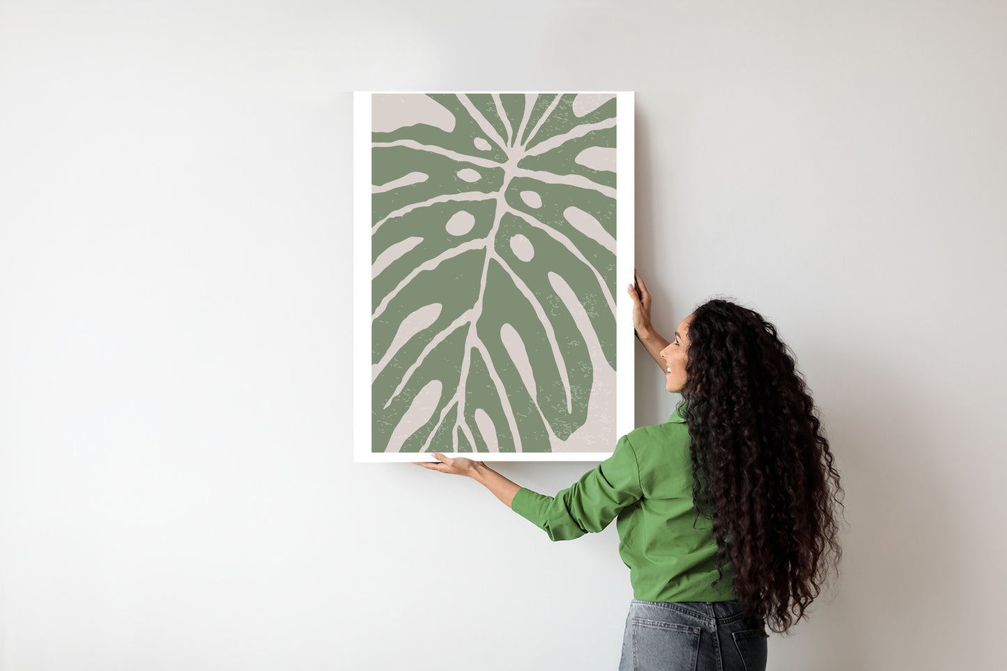 Poster Grünes Monstera-Blatt Rahmen Holz Mit Passepartout Farbe Natürlich