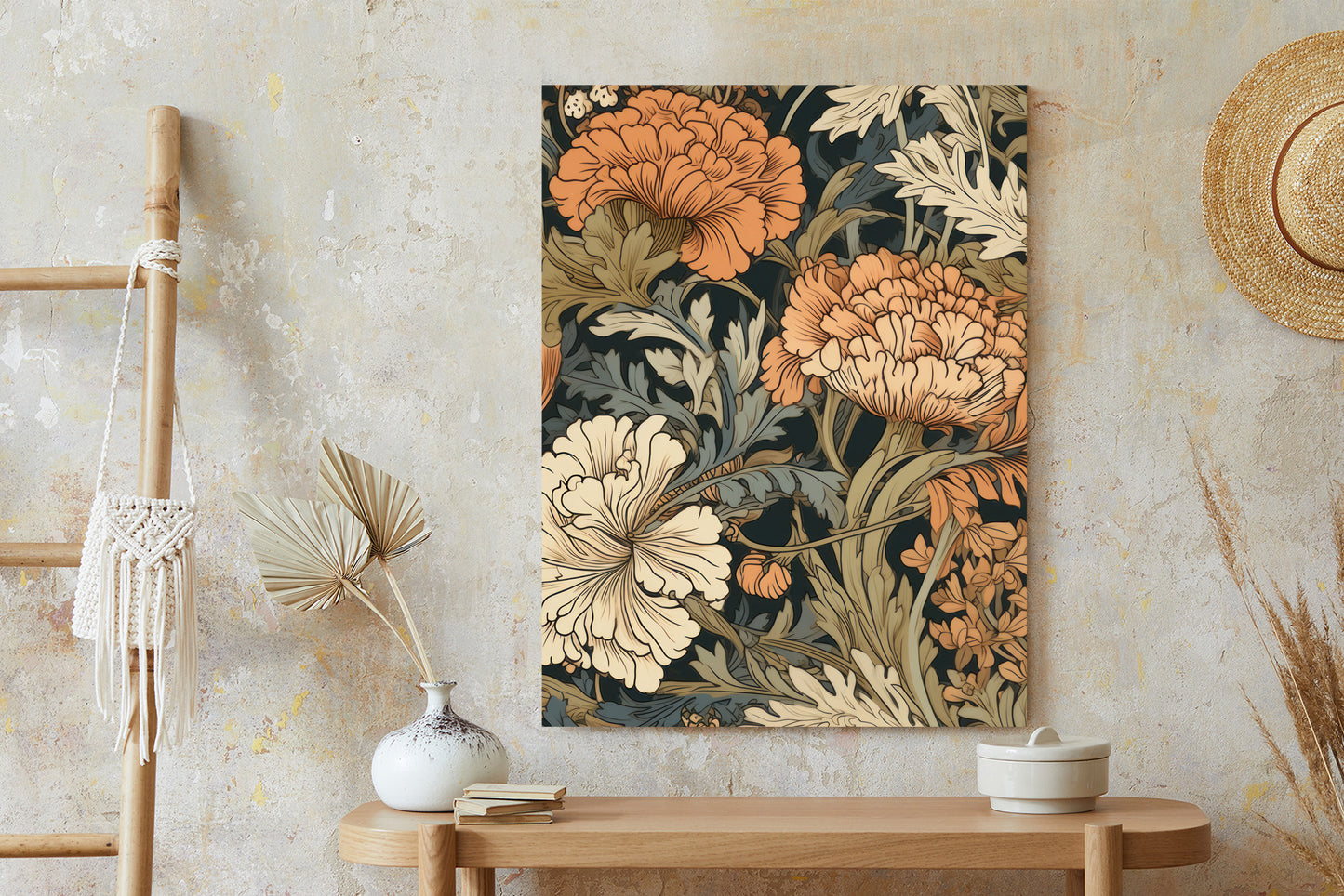 Poster Retro-Vintage-Blumen Und Blätter Rahmen Holz Mit Passepartout Farbe Natürlich