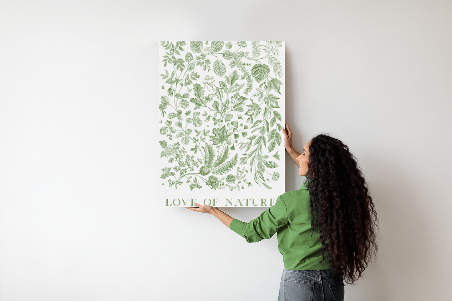 Poster Gezeichnete Naturblätter In Grünen Farben Rahmen Holz Mit Passepartout Farbe Natürlich