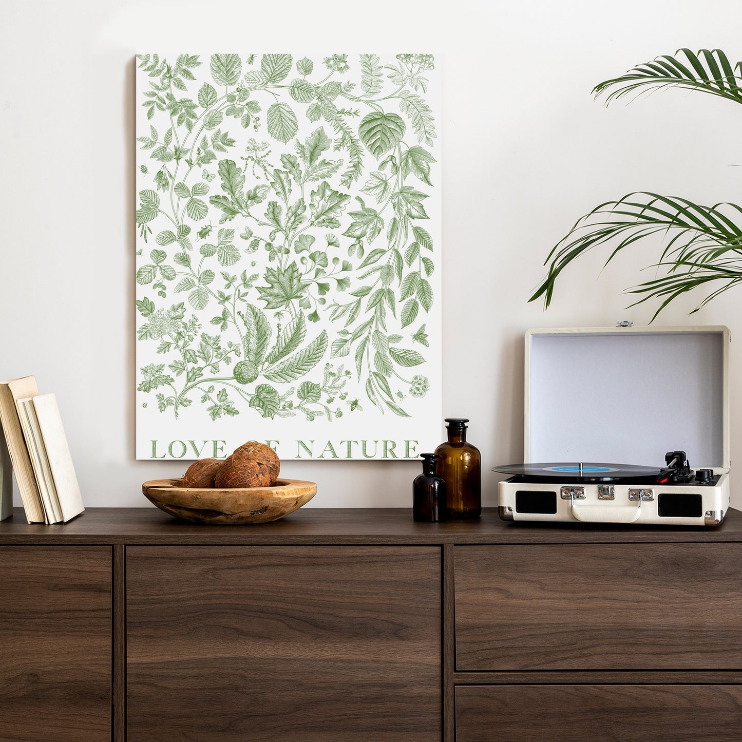 Poster Gezeichnete Naturblätter In Grünen Farben Rahmen Holz Mit Passepartout Farbe Natürlich