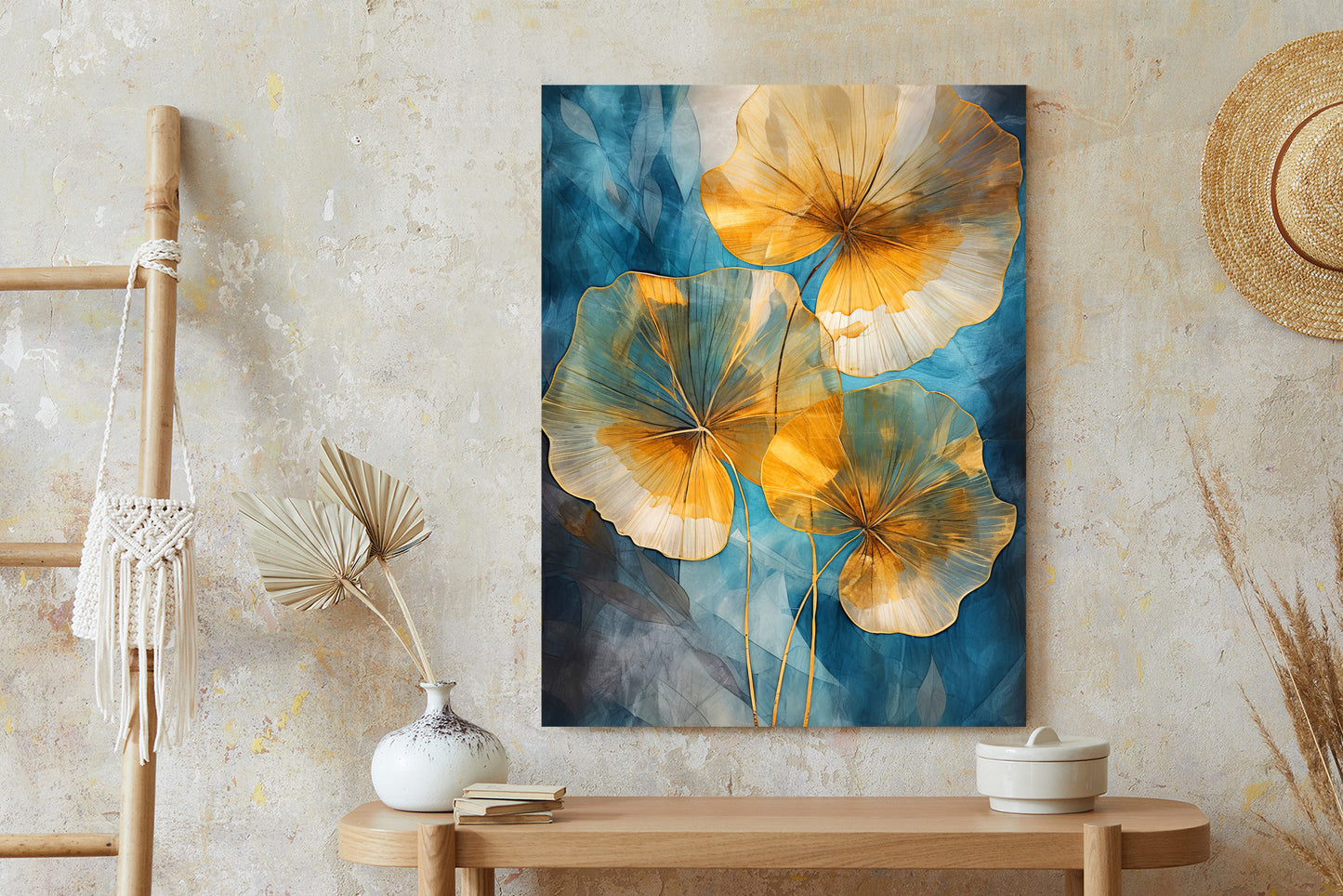 Poster Abstrakte Goldene Blätter Auf Blauem Hintergrund Rahmen Holz Mit Passepartout Farbe Natürlich