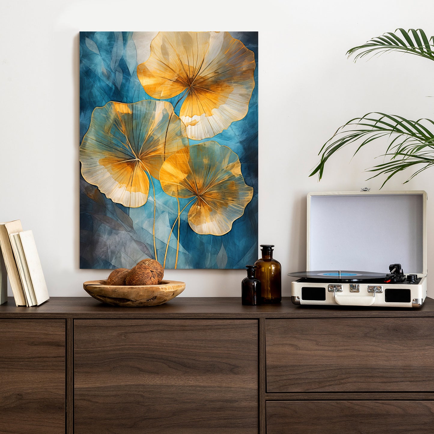 Poster Abstrakte Goldene Blätter Auf Blauem Hintergrund Rahmen Holz Mit Passepartout Farbe Natürlich