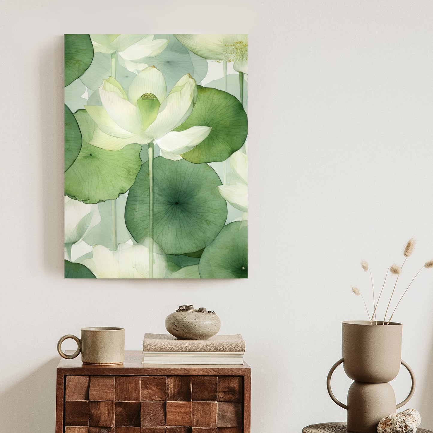 Poster Weiße Lotusblume Und Grüne Blätter Aquarell Rahmen Holz Mit Passepartout Farbe Natürlich