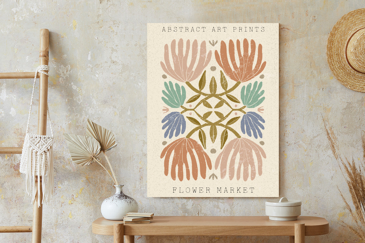 Poster Minimalistische Bunte Boho-Blumen Rahmen Holz Mit Passepartout Farbe Natürlich