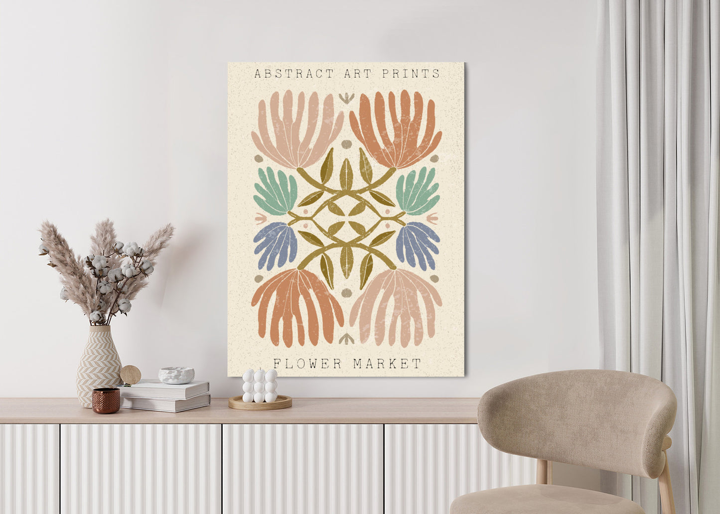 Poster Minimalistische Bunte Boho-Blumen Rahmen Holz Mit Passepartout Farbe Natürlich