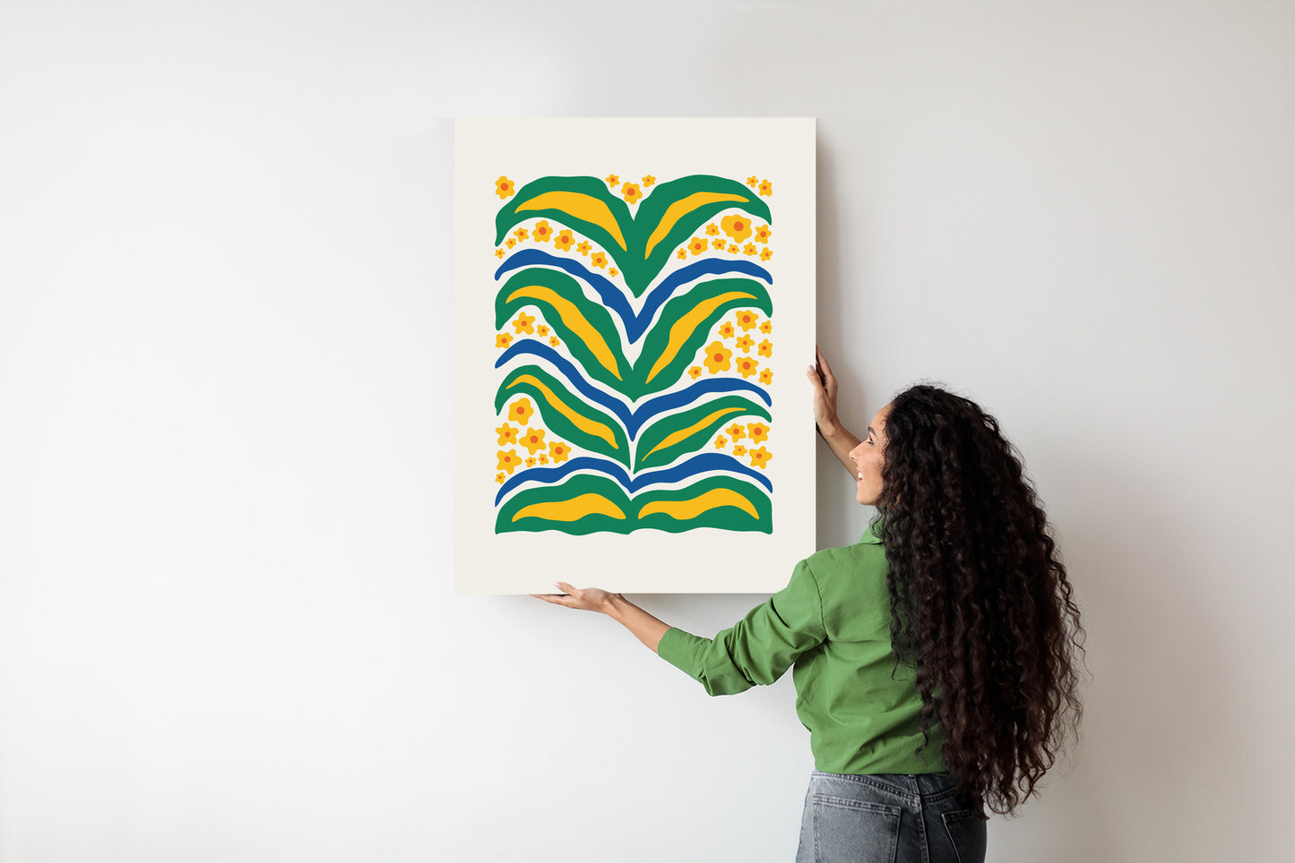 Poster Minimalistische Pflanze Mit Gelber Blumenabstraktion Rahmen Hölzern Farbe Weiß