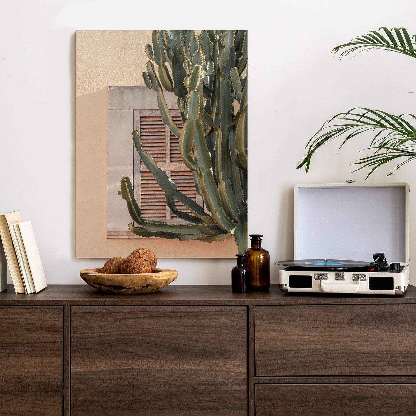 Poster Exotischer Kaktus Auf Orangefarbenem Hintergrund Rahmen Holz Mit Passepartout Farbe Natürlich