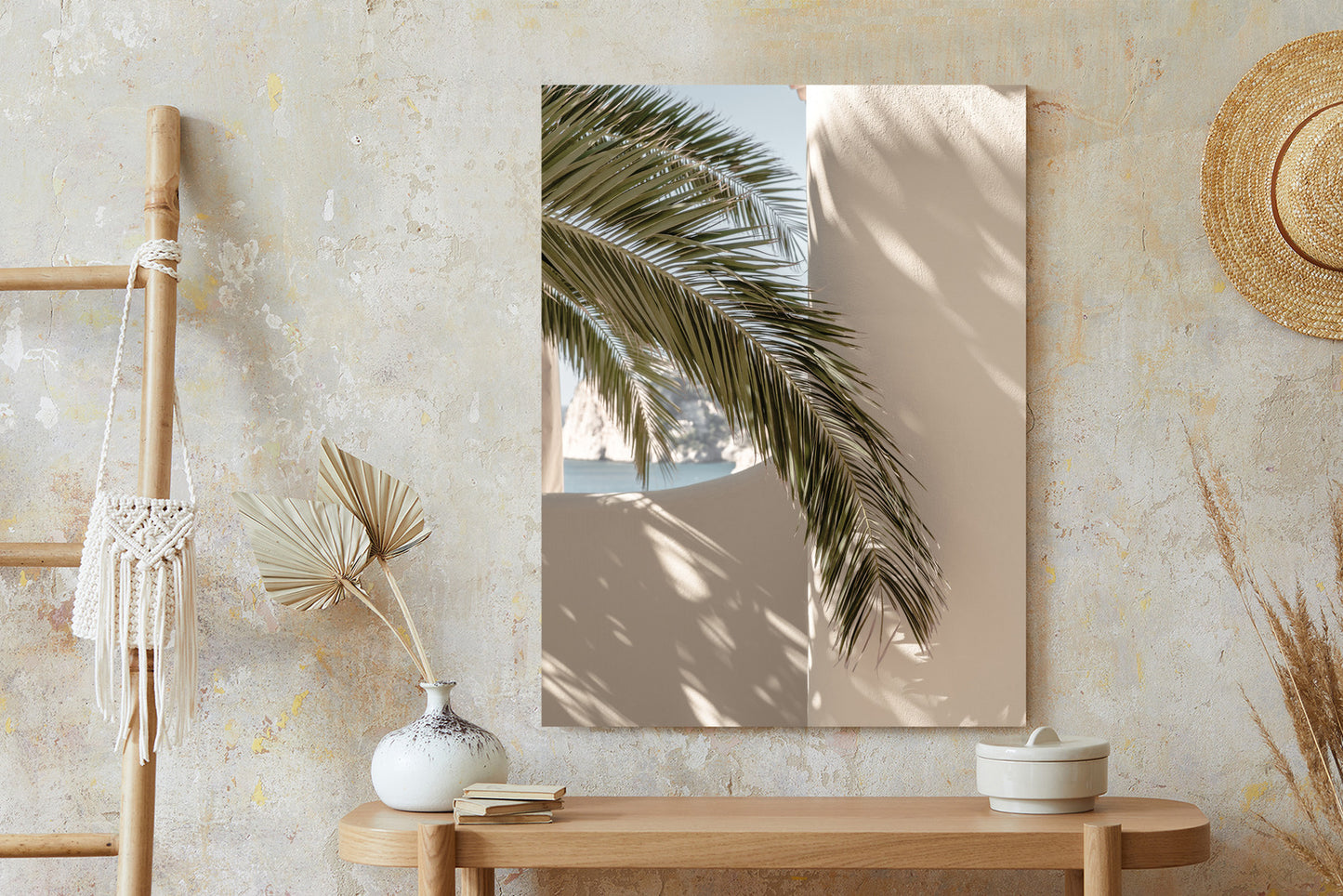 Poster Palmblätter Mit Schatten Auf Einer Beigen Wand Rahmen Holz Mit Passepartout Farbe Natürlich