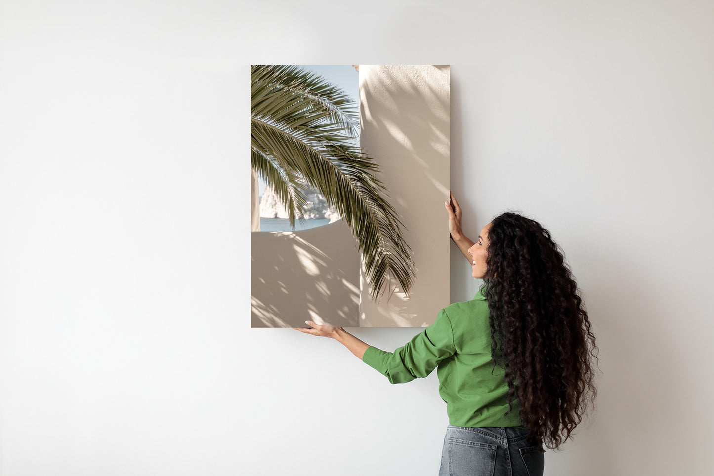 Poster Palmblätter Mit Schatten Auf Einer Beigen Wand Rahmen Holz Mit Passepartout Farbe Natürlich