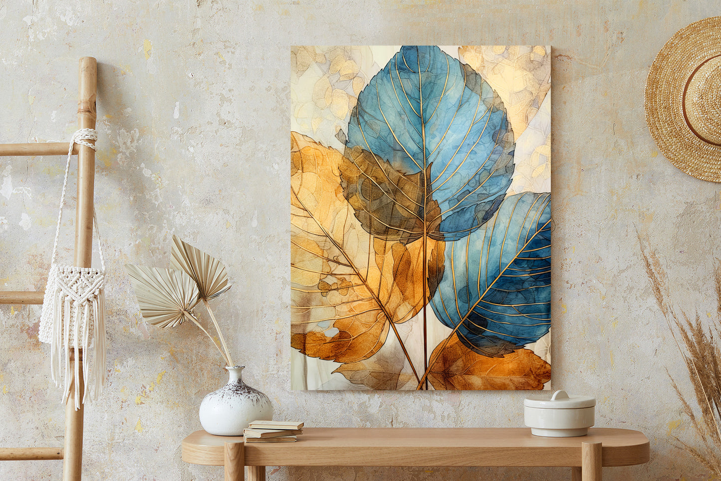 Poster Goldene Und Blaue Aquarellblätter Rahmen Holz Mit Passepartout Farbe Natürlich