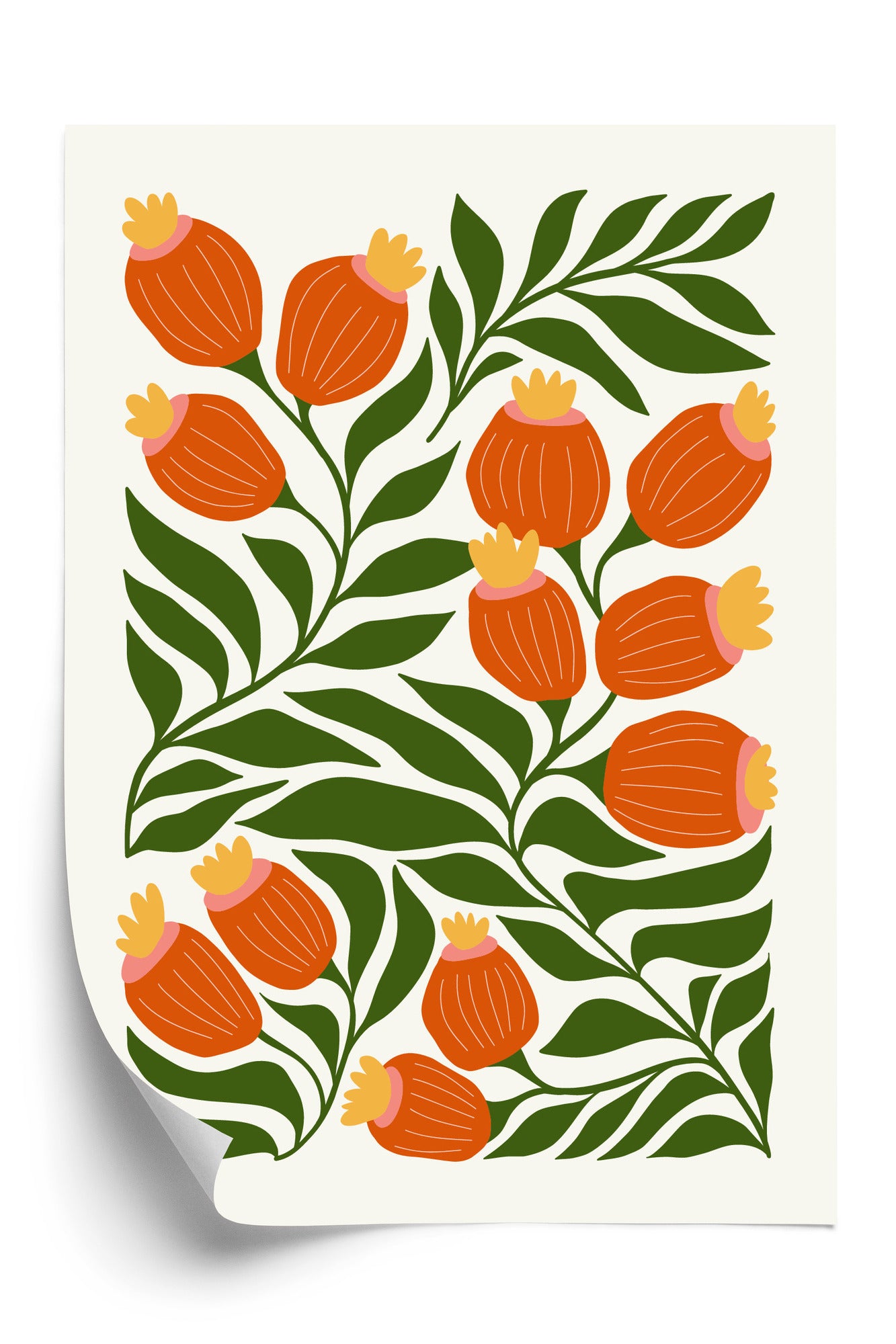 Poster Minimalistische Rote Blumen Und Grüne Blätter