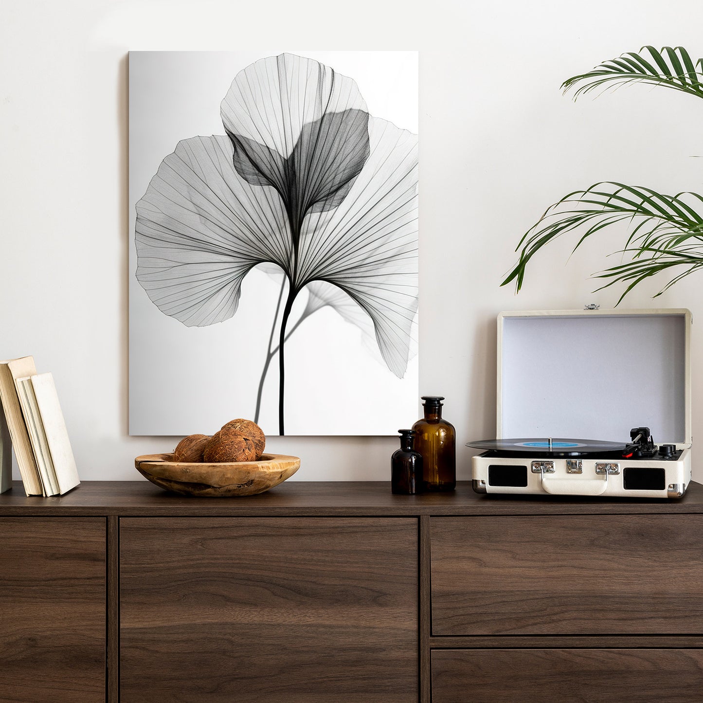 Poster Schwarze Ginkgoblätter Rahmen Hölzern Farbe Natürlich