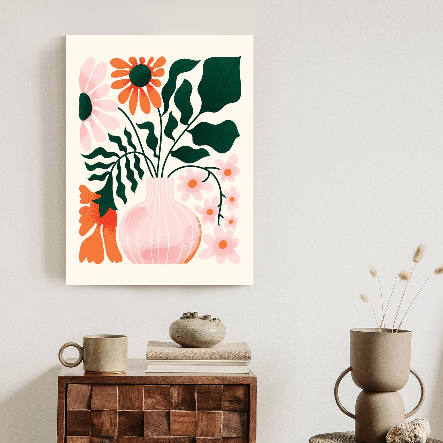 Poster Ein Blumenstrauß In Einer Rosa Vase Rahmen Holz Mit Passepartout Farbe Natürlich