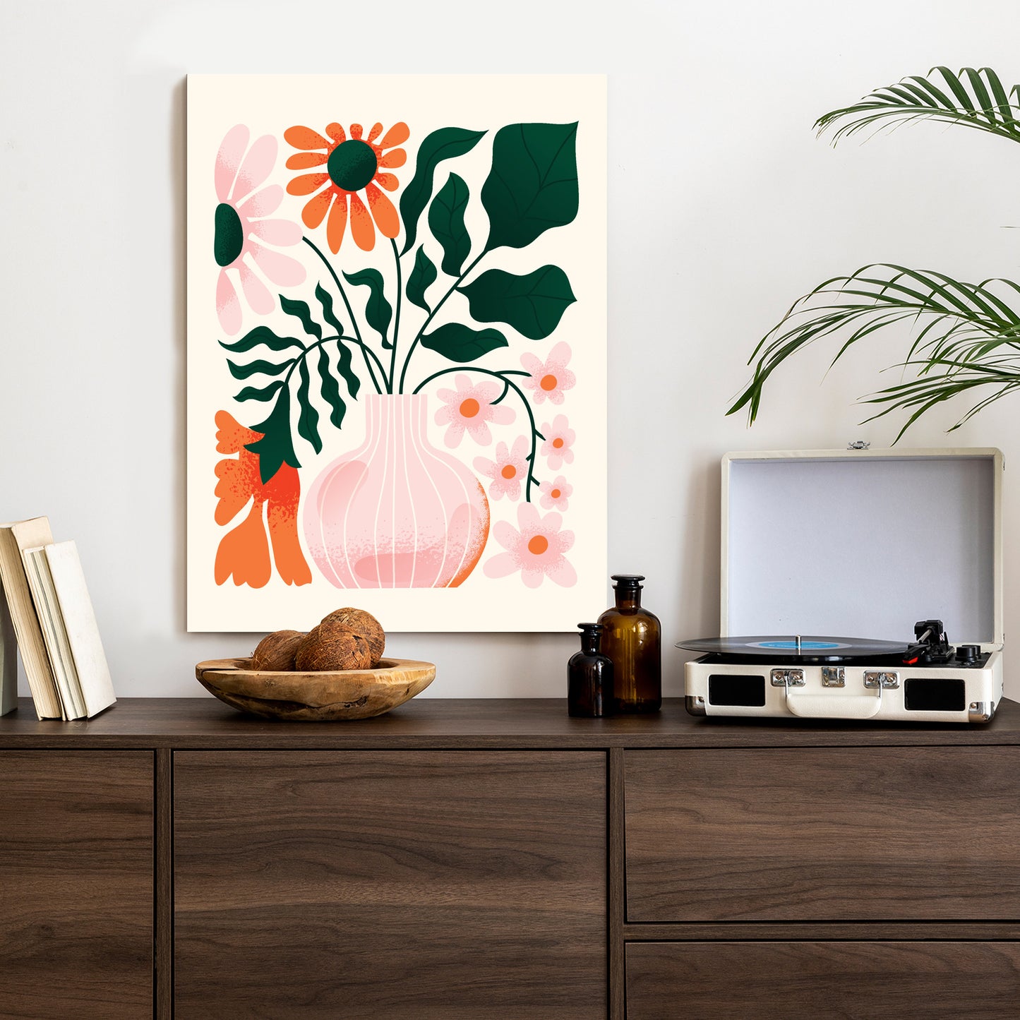 Poster Ein Blumenstrauß In Einer Rosa Vase Rahmen Holz Mit Passepartout Farbe Natürlich