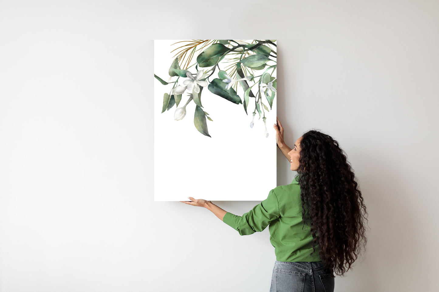 Poster Weiße Blumen Auf Grünen Aquarellzweigen Rahmen Holz Mit Passepartout Farbe Natürlich