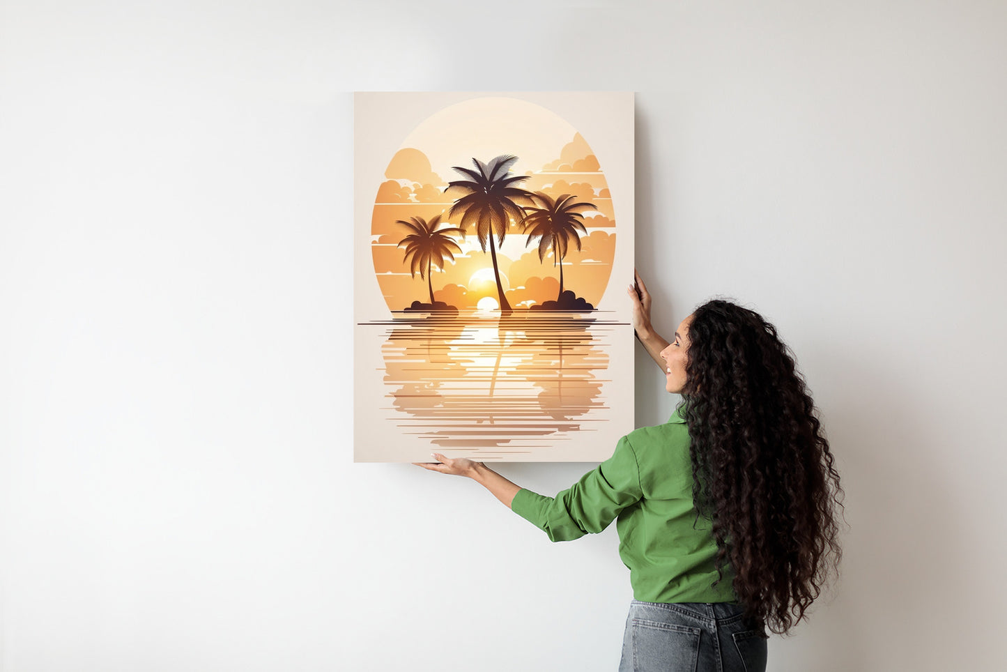 Poster Sonnenuntergang Und Drei Palmen Rahmen Holz Mit Passepartout Farbe Natürlich