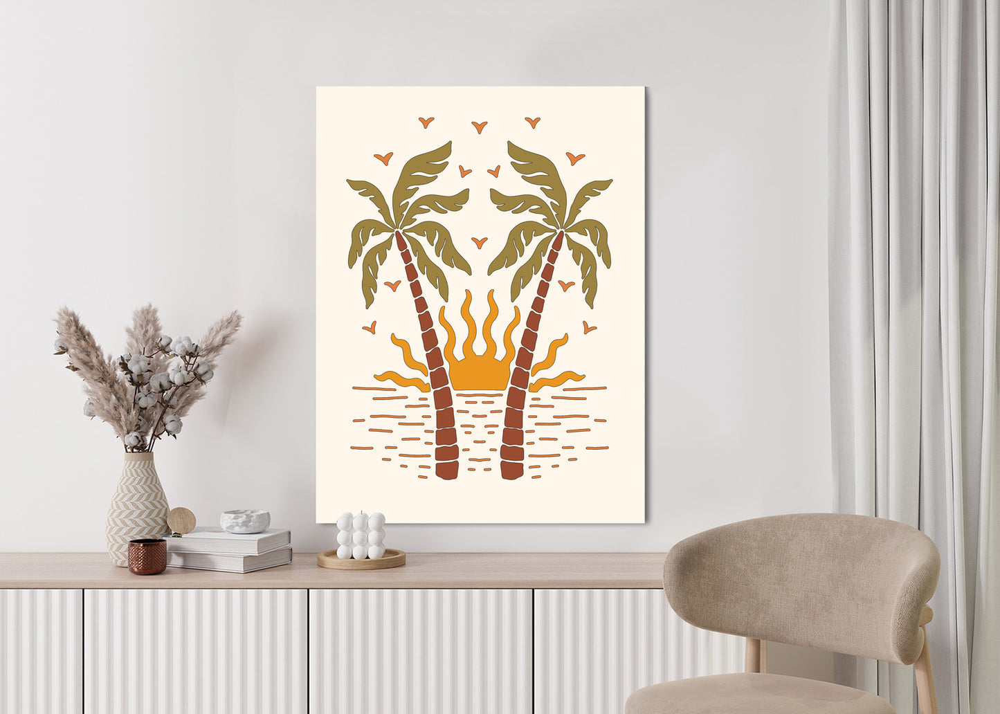 Poster Rerto-Palmen Und Die Untergehende Sonne Rahmen Hölzern Farbe Schwarz