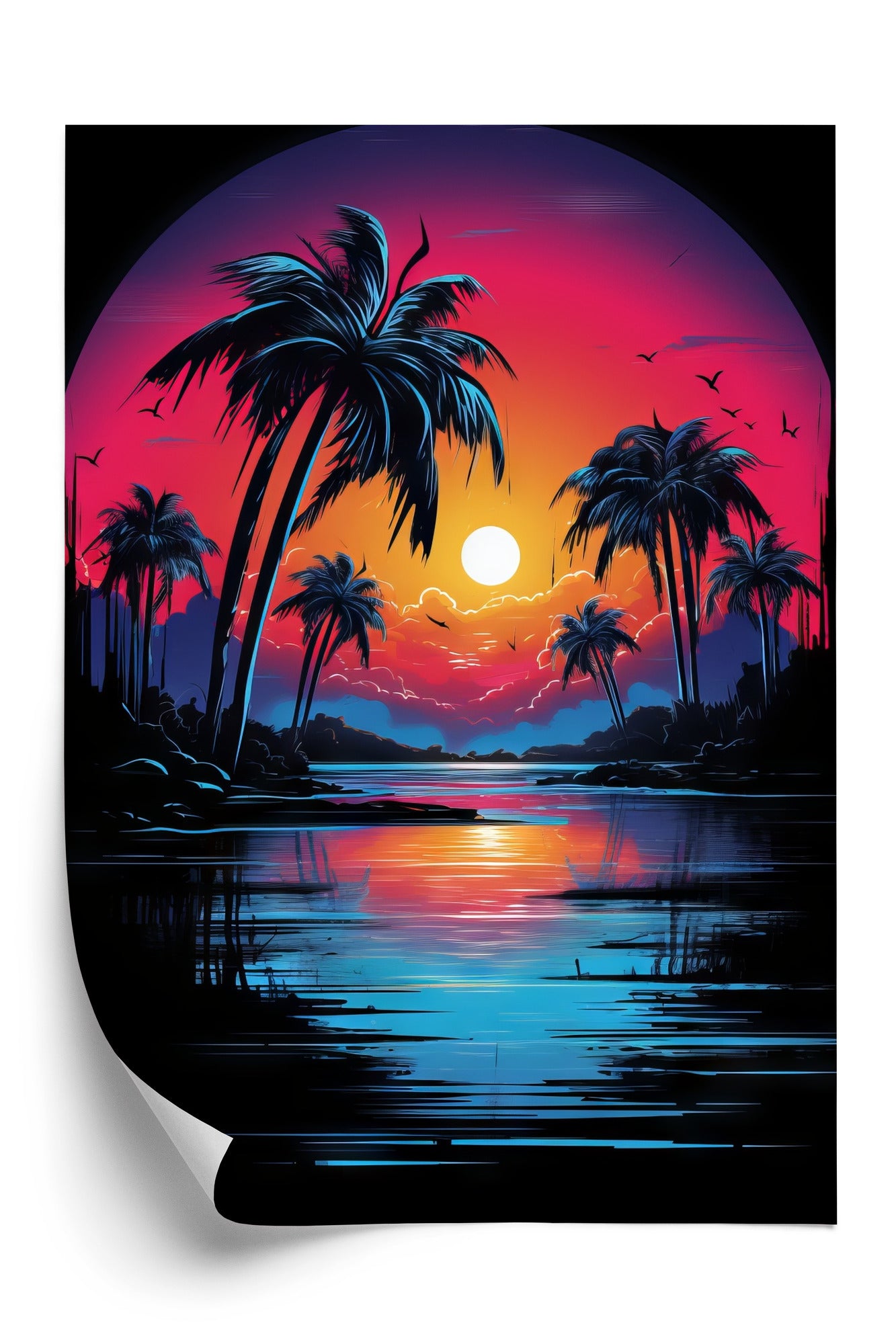 Poster Tropischer Sonnenuntergang Und Palmen Rahmen Holz Mit Passepartout Farbe Natürlich